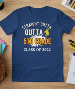 Straight Outta 5th Grade Class of 2022 graduation t-shirt with bold text and a leaping graduate graphic