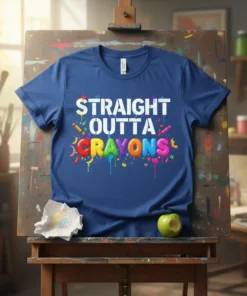 Straight Outta Crayons text design with colorful dripping crayons and artistic elements on a blue t-shirt