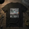 Straight Outta Detroit t-shirt with a stylized city skyline graphic and bold white lettering