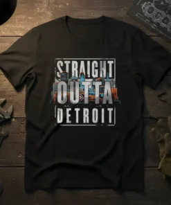 Straight Outta Detroit t-shirt with a stylized city skyline graphic and bold white lettering