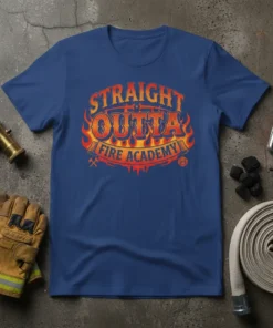 Straight Outta Fire Academy text with flames graphic on a navy blue t-shirt, featuring firefighter-themed elements