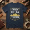Straight Outta Ft Worth t-shirt with a golden city skyline graphic and text