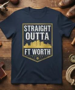 Straight Outta Ft Worth t-shirt with a golden city skyline graphic and text