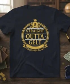 Straight Outta Gelt t-shirt design with a money bag graphic and gold accents. The text reads "STRAIGHT OUTTA GELT" in