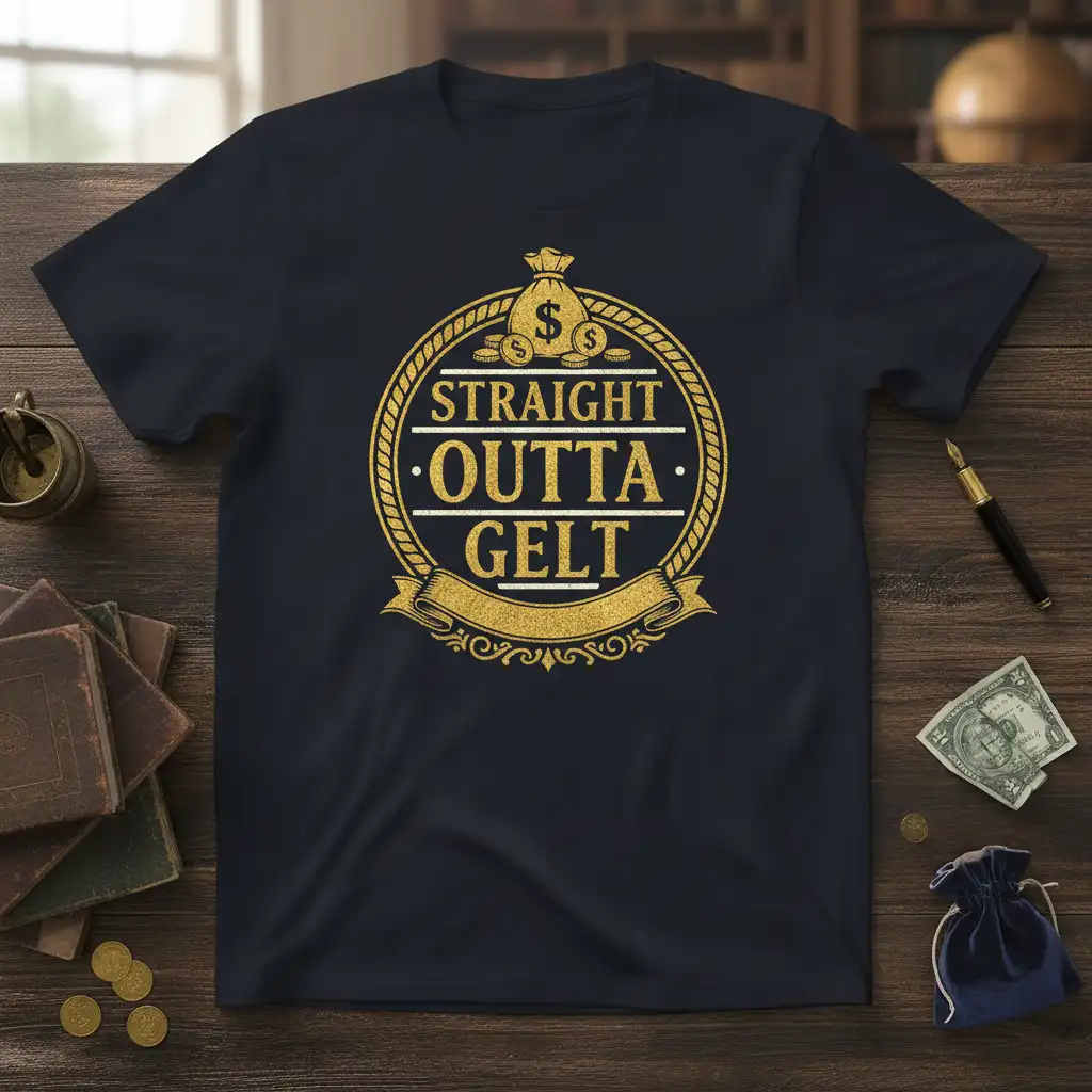 Straight Outta Gelt text design with money bag graphic symbolizing financial success and wealth