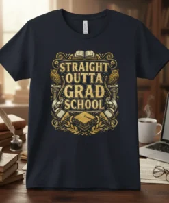 Straight Outta Grad School text with graduation cap and owls on a navy t-shirt