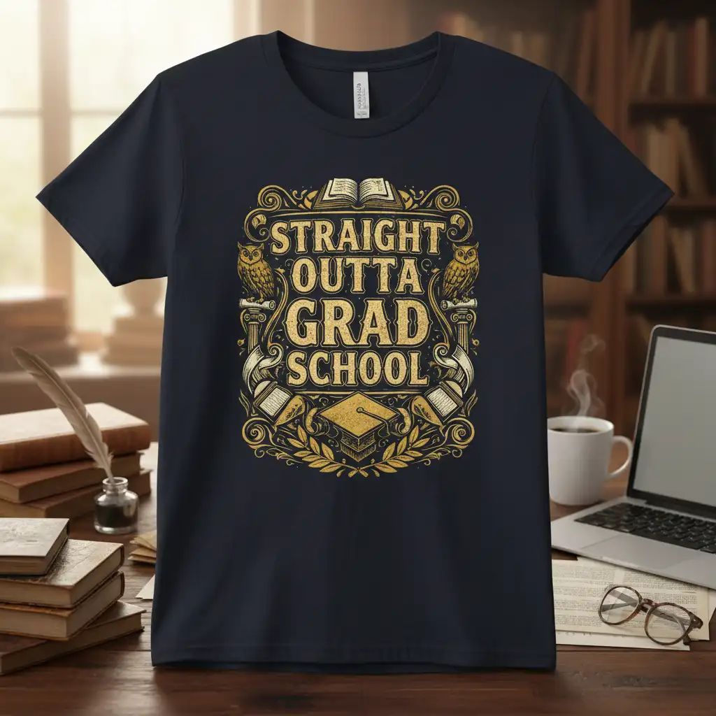 Straight Outta Grad School quote design with graduation cap and owls, perfect for graduates