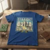 Blue t-shirt with "STRAIGHT OUTTA GUATEMALA" text and a graphic of Guatemalan landmarks and flags