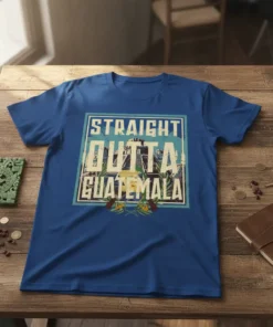 Blue t-shirt with "STRAIGHT OUTTA GUATEMALA" text and a graphic of Guatemalan landmarks and flags