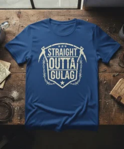 Straight Outta Gulag text design with crossed pickaxes and barbed wire on a blue t-shirt