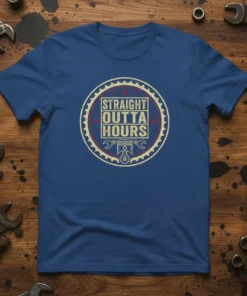 Straight Outta Hours text with piston graphic on a vintage-style circular design on a blue t-shirt