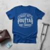 Straight Outta Knee Surgery text design on a blue t-shirt with distressed graphic elements and knee illustrations