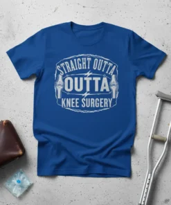 Straight Outta Knee Surgery text design on a blue t-shirt with distressed graphic elements and knee illustrations