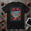 Straight Outta Mars t-shirt design featuring a Martian landscape, UFOs, and a rover, with bold blue text