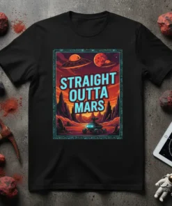 Straight Outta Mars t-shirt design featuring a Martian landscape, UFOs, and a rover, with bold blue text