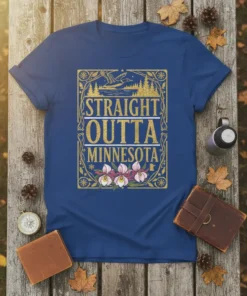 Straight Outta Minnesota text design with a vintage border, featuring a flying bird and flowers, on a blue t-shirt