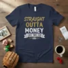 Straight Outta Money I Have Three Kids quote on a navy blue t-shirt, with gold and white distressed lettering