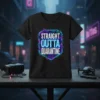 Straight Outta Quarantine text design with futuristic neon border on a black t-shirt