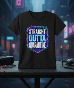 Straight Outta Quarantine text design with futuristic neon border on a black t-shirt