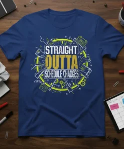 Blue t-shirt with "STRAIGHT OUTTA SCHEDULE CHANGES" text in white and gold, surrounded by graphic elements related to planning and