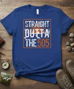 Straight Outta The 505 text design with desert landscape graphics on a royal blue t-shirt