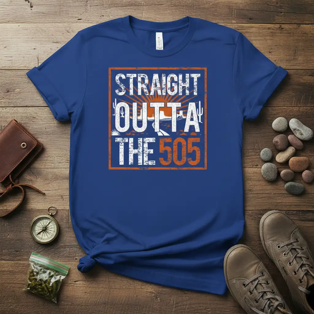 Straight Outta The 505 text graphic featuring desert scenery and bold typography on a royal blue tee