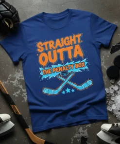 Blue t-shirt with orange and light blue text "STRAIGHT OUTTA THE PENALTY BOX" and hockey stick graphics