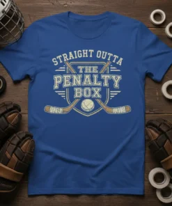 Straight Outta The Penalty Box hockey quote t-shirt design with crossed sticks and puck