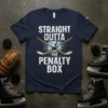 Straight Outta The Penalty Box hockey t-shirt design with crossed sticks, puck, and ice blocks