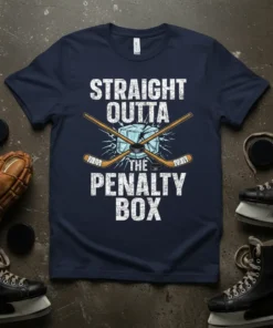 Straight Outta The Penalty Box hockey t-shirt design with crossed sticks, puck, and ice blocks