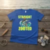 T-shirt with "STRAIGHT ZOOTED" text and a marlin graphic in waves, designed for fishing enthusiasts