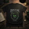 Black t-shirt with "Strange and Unsul Unusual" text, a black cat on a glowing green skull, and vine graphics