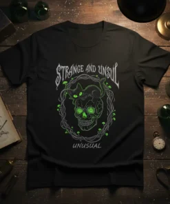 Black t-shirt with "Strange and Unsul Unusual" text, a black cat on a glowing green skull, and vine graphics