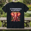 Strawberry Elephant graphic t-shirt design featuring a stylized elephant made of strawberries and leaves