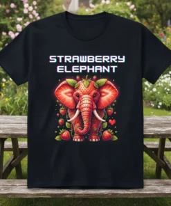 Strawberry Elephant graphic t-shirt design featuring a stylized elephant made of strawberries and leaves