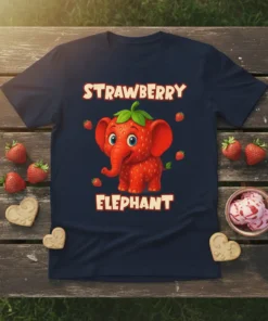 Strawberry Elephant T-Shirt design featuring a cute elephant made of strawberries with text "Strawberry Elephant"