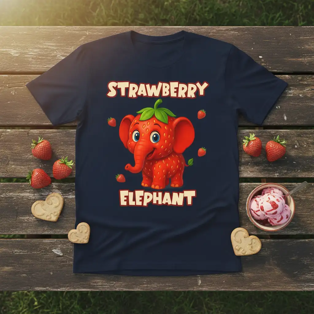 Cute Strawberry Elephant graphic with text for a fun children's t-shirt design