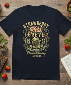Vintage Strawberry Fields Forever 1967 T-Shirt with retro typography and strawberry graphic