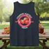Strawberry Heartbeat Passion text design with three strawberries inside a neon red heartbeat circle on a navy tank top