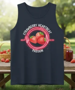 Strawberry Heartbeat Passion text design with three strawberries inside a neon red heartbeat circle on a navy tank top