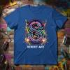 Street Art neon letter 'S' design with spray paint splatters and fireworks on a blue t-shirt