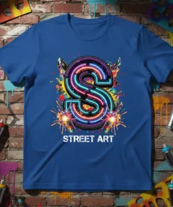 Street Art neon letter 'S' design with spray paint splatters and fireworks on a blue t-shirt