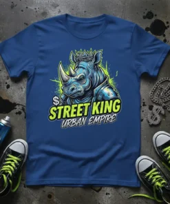 Street King Urban Empire t-shirt design featuring a crowned rhino in armor with neon green accents