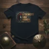 Strength and Honor quote with a Spartan helmet and laurel wreath graphic on a navy t-shirt