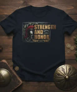 Strength and Honor quote with a Spartan helmet and laurel wreath graphic on a navy t-shirt
