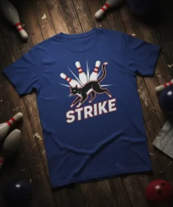 Strike Cat Bowling T-Shirt creative graphic design printed on comfortable cotton t-shirt