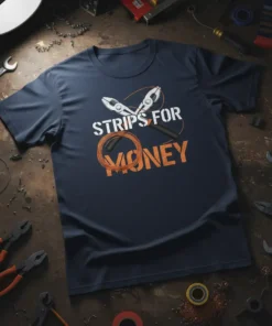 Strips For Money t-shirt design with white text and orange graphic of wire stripper and wire