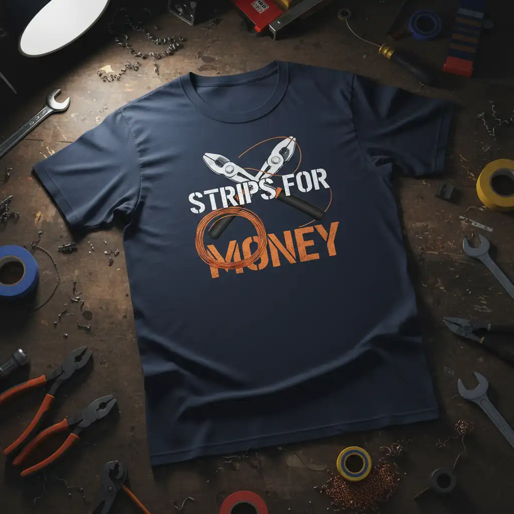 Strips For Money quote t-shirt design with wire stripper graphic and copper wire element