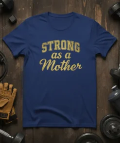 Navy blue t-shirt with gold glitter text "STRONG as a Mother" for fitness moms