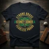 Strong Brave Kidney Donor Fearless Proud text with kidney graphic and green ribbon on a navy t-shirt